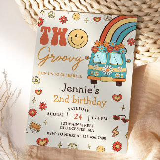 Zwei Groovy Retro Rainbow 2. Party zum Geburtstag Einladung