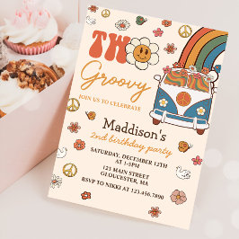 Zwei Groovy Retro Rainbow 2. Party zum Geburtstag Einladung