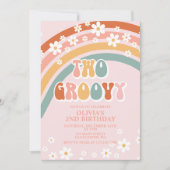 Zwei Groovy Retro Rainbow daisate Birthday Einladu Einladung (Vorderseite)
