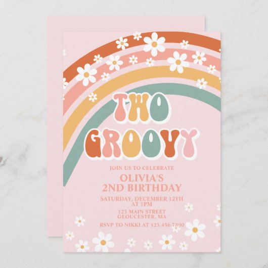 Zwei Groovy Retro Rainbow daisate Birthday Einladu Einladung (Vorne/Hinten)