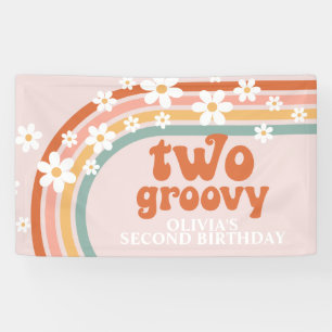 Zwei Groovy Retro Rainbow Daisy Birthday Banner