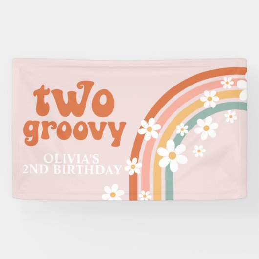 Zwei Groovy Retro Rainbow Daisy Birthday Banner (Horizontal)