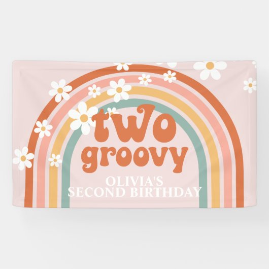 Zwei Groovy Retro Rainbow Daisy Birthday Banner (Horizontal)