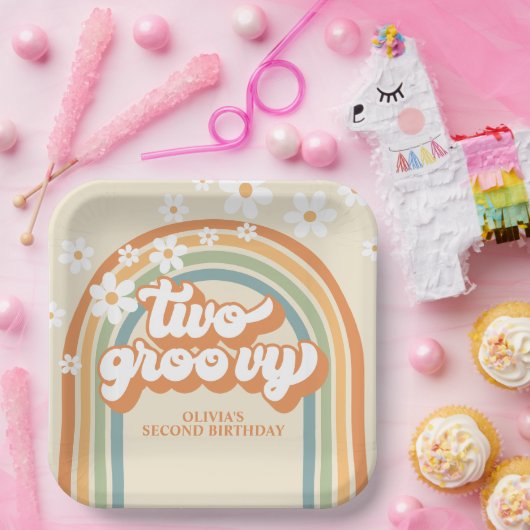 Zwei Groovy Retro Rainbow Daisy Birthday Pappteller (Party)