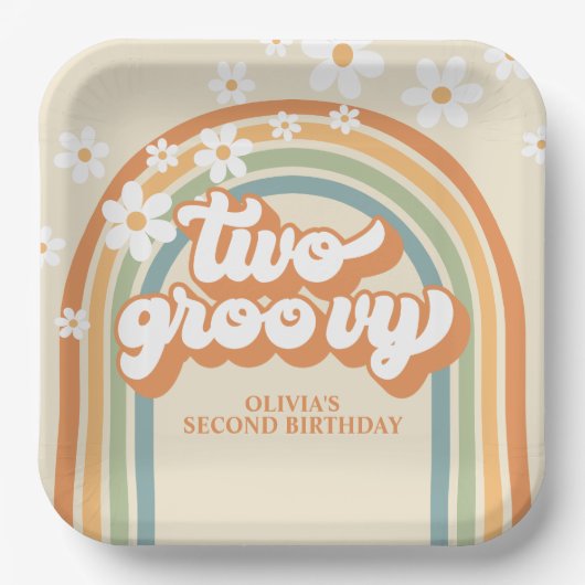 Zwei Groovy Retro Rainbow Daisy Birthday Pappteller (Vorderseite)