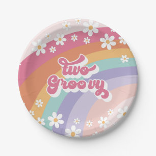 Zwei groovy retro Regenbogen 2. Geburtstag Pappteller