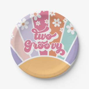 Zwei groovy retro Sonnenschein Regenbogen Gänseblü Pappteller