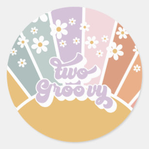 Zwei Groovy Retro Sonnenschein Regenbogen Gänseblü Runder Aufkleber