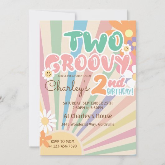 Zwei Groovy Retro Sunshine Daisy Boho 2. Geburtsta Einladung (Vorderseite)