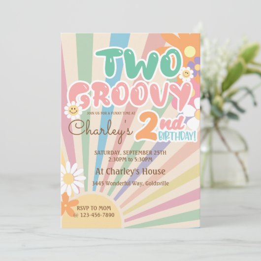 Zwei Groovy Retro Sunshine Daisy Boho 2. Geburtsta Einladung (Stehend Vorderseite)