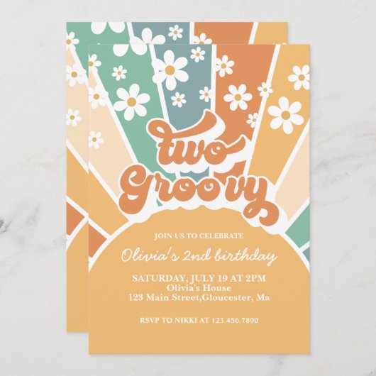Zwei Groovy Retro Sunshine Rainbow Daisy Einladung (Vorne/Hinten)