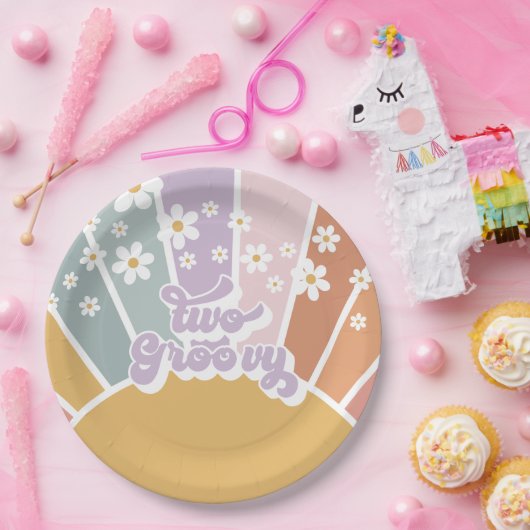 Zwei Groovy Retro Sunshine Rainbow Daisy Pappteller (Party)