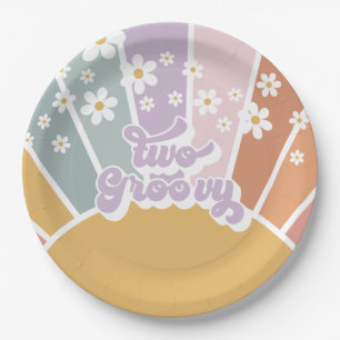 Zwei Groovy Retro Sunshine Rainbow Daisy Pappteller