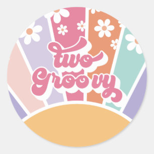 Zwei Groovy Retro Sunshine Rainbow Daisy Runder Aufkleber