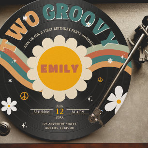Zwei Groovy Retro Vinyl Record Girl's 2. Geburtsta Einladung