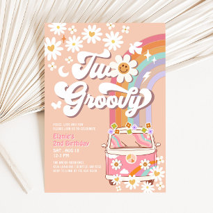 Zwei groovy rosa Gänseblümchen Regenbogen Hippie 2 Einladung