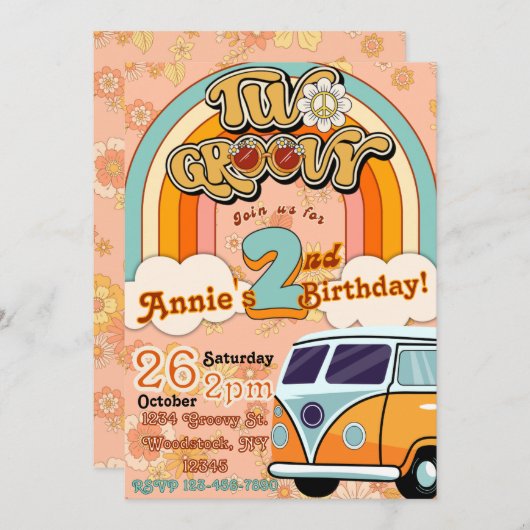 ZWEI Groovy zum Geburtstag Einladung (Vorne/Hinten)