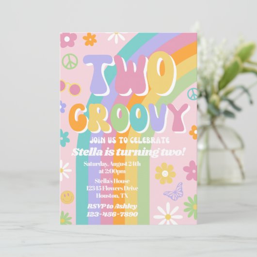 Zwei Groovy zum Geburtstag Einladung (Stehend Vorderseite)