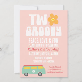 Zwei Groovy zweite Geburtstag Retro Blume Peace Va Einladung