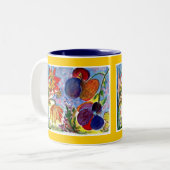 Zwei große blaue und orange Blumen-Tasse Zweifarbige Tasse (Vorderseite Links)