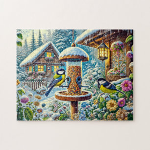 Zwei große Tit-Vögel am Züchter im Winter Puzzle