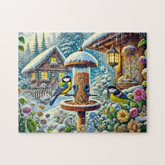 Zwei große Tit-Vögel am Züchter im Winter Puzzle (Horizontal)
