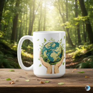 Zwei Hände, die die Erde im Grünen halten Kaffeetasse