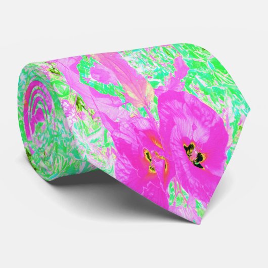 Zwei heiße Pink Pum Crazy Hibiskus in Lime Green Krawatte (Gerollt)
