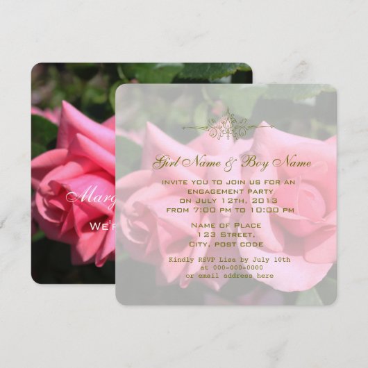 Zwei hellrosa Rose Blume Einladung (Vorne/Hinten)