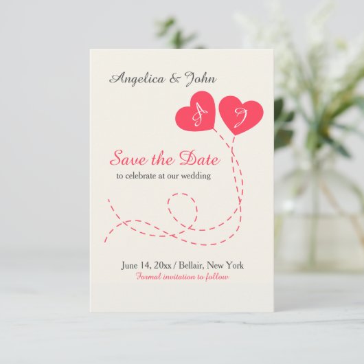 Zwei Herz-Ballon-Save the Date Mitteilung Einladung (Stehend Vorderseite)