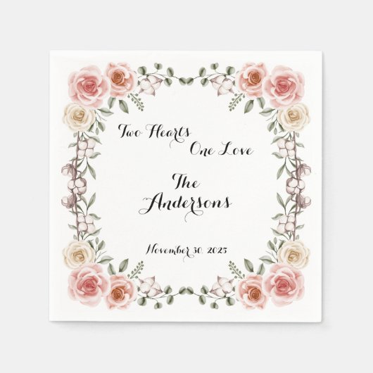 Zwei Herz eine Liebe rustikale Arbor-Rose Hochzeit Serviette (Vorderseite)