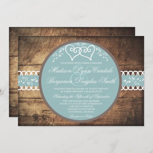 Zwei Herz-rustikale hölzerne blaue Einladung (Vorne/Hinten)