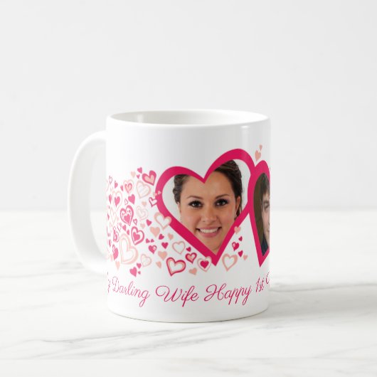 Zwei Herzen 1. Hochzeitstag Foto Tasse (Vorderseite Links)