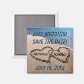 Zwei Herzen am Sandstrand retten das Date Magnet (Vorderseite/Rückseite)