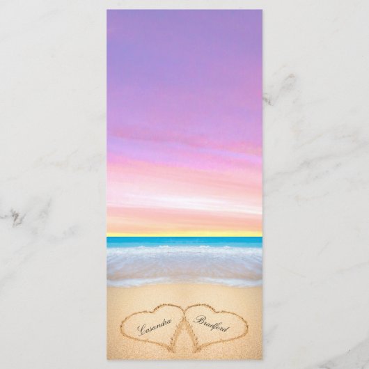 Zwei Herzen am Strand Lila rosa Menü Hochzeit Menükarte (Rückseite)