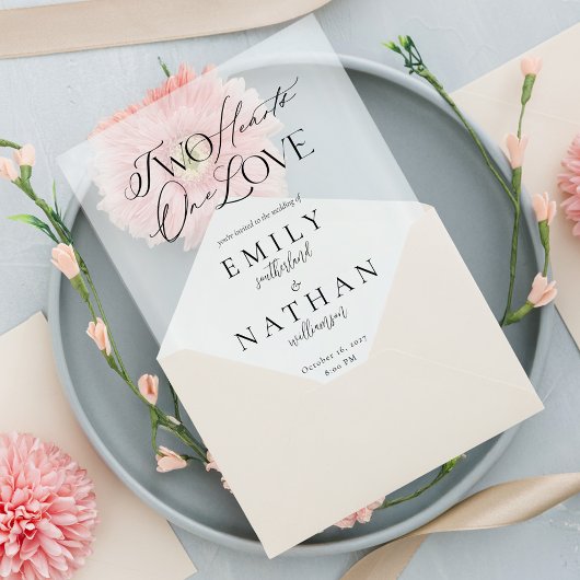 Zwei Herzen ein Herz Minimal moderne Skripthochzei Pergament Einladungen