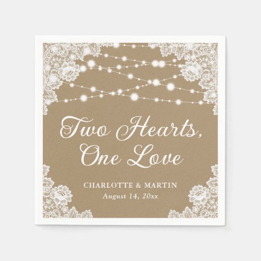 Zwei Herzen eine Liebe rustikale Kraft Papier Hoch Serviette (Vorderseite)