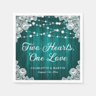 Zwei Herzen eine Liebe rustikales Holz Aquamarine  Serviette