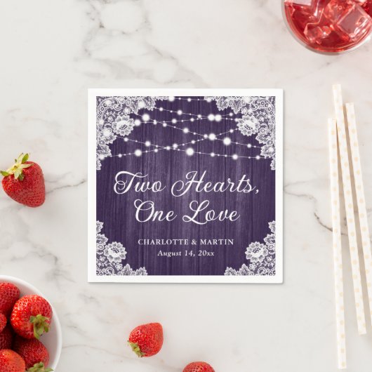 Zwei Herzen eine Liebe rustikales Holz Lila Hochze Serviette (Beispiel)