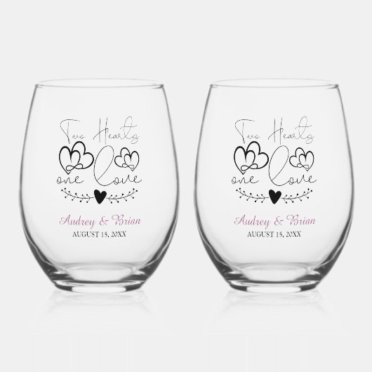 Zwei Herzen eine Liebe zum Hochzeitsfest Weinglas Ohne Stiel (Vorderseite)