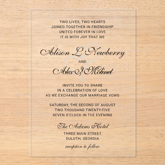 Zwei Herzen Elegante Script Hochzeit Einladung (Vorderseite)