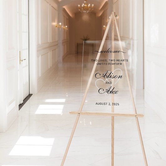 Zwei Herzen Elegantes Skript Hochzeit Begrüßungsze Acrylschild