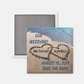 Zwei Herzen im Sand speichern das Datumsfenster Magnet (Vorderseite/Rückseite)