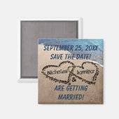 Zwei Herzen im Sand speichern das Datumsfenster Magnet (Vorderseite/Rückseite)