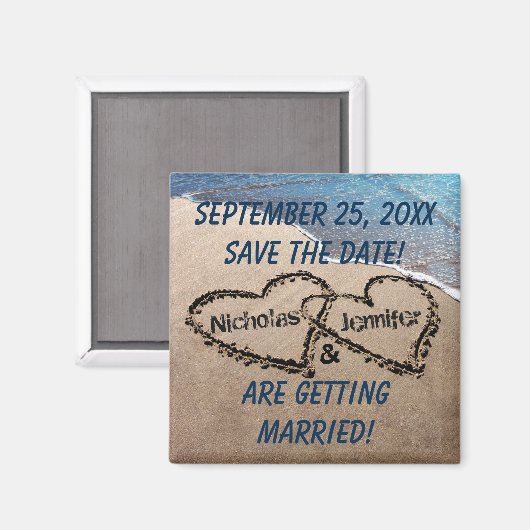 Zwei Herzen im Sand speichern das Datumsfenster Magnet (Vorderseite/Rückseite)