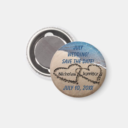 Zwei Herzen im Sand speichern das Datumsfenster Magnet (Vorderseite/Rückseite)