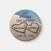 Zwei Herzen im Sand speichern das Datumsfenster Magnet (Vorne)