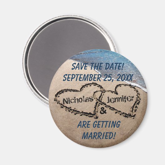 Zwei Herzen im Sand speichern das Datumsfenster Magnet (Vorderseite/Rückseite)