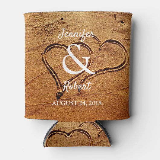 Zwei Herzen in Sandbäumen Bräutigam Strand Hochzei Dosenkühler (Vorderseite)