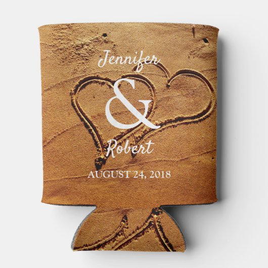 Zwei Herzen in Sandbäumen Bräutigam Strand Hochzei Dosenkühler (Rückseite)